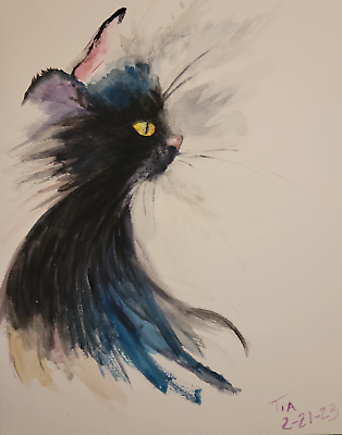 #ad Black Cat in Water Color Original Art by Tia Wilson art painting print $16.99