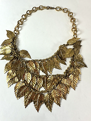 #ad Vintage Necklace Leaf Pendant Chain Flutter Brass Stamped Statement 1940s 50s $17.50