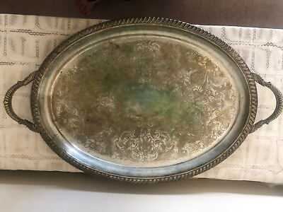 #ad Antique Large Oval Silver Plate Butler Serving Tray with Handles 22quot; X 16quot; $69.00