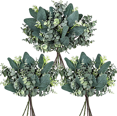 #ad 20 Pcs Mixed Artificial Oval Eucalyptus Leaves Bulk with White Seeds Stems and S $23.74