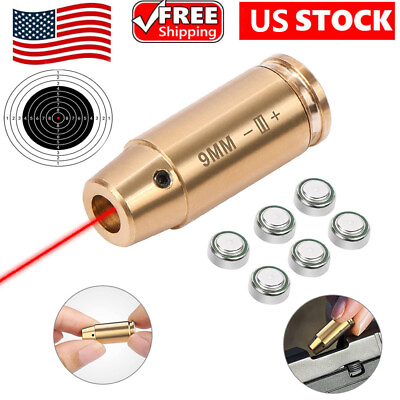 #ad Brass CAL 9mm Red Laser Bore Sight Cartridge Bullet Shap Boresighter 6 Batteries $10.98