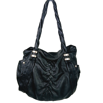 #ad B. Makowsky Black Buttery Soft Pebbled Leather Hobo Shoulder Bag Braided Detail $45.00