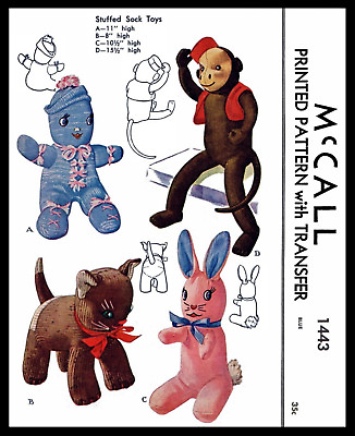 #ad McCall #1443 SOCK DOLLS Pattern Stuffed Animal Toy Bunny Cat Monkey Kitty 1940#x27;s $5.49