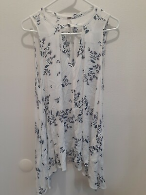 #ad FREE PEOPLE sleeveless rayon white navy floral tunic Boho Swing Top Festival S $19.99
