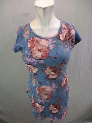 #ad Pinc Size S Womens Blue Floral Stretch Short Sleeve Tunic T Shirt Top 7OR661 $10.00