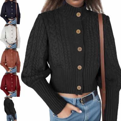 #ad Ladies Cardigan Sweater Cable Knit Knitted Sweaters Soft Long Sleeve Women Top $28.82