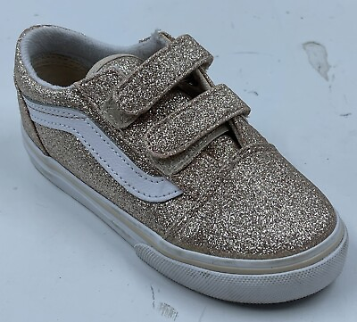 #ad Vans Old Skool V Toddler Sneaker Sz 9 Sparkle Gold White Athletic Shoes $30.79