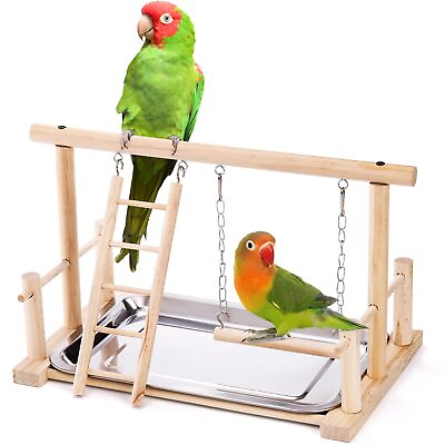 #ad Bird Playground Natural Wood Bird Perch Stand with Ladder Swing Exercise Gym ... $27.82