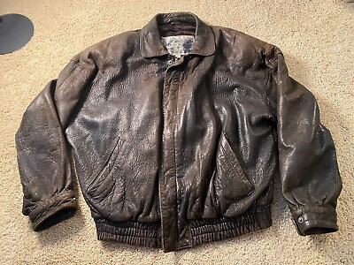 #ad VINTAGE Leather Jacket Mens M Brown Full Zip Biker Bomber Coat Luis Alvear 90s $40.00