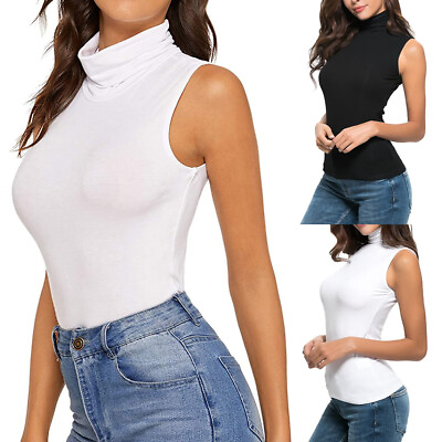 #ad Women Sleeveless Mock Turtleneck Tank Top Stretch Knit Fitted Solids Camisole US $16.79