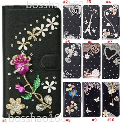 #ad Sparkly Diamonds Phone Case Bling Leather Wallet Flip Women Cover 2 Lanyards $10.99