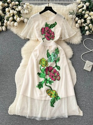 #ad Summer Runway Sequined Flower Embroidery Dress Women#x27;s Flare Sleeve O Neck m xxl $110.00
