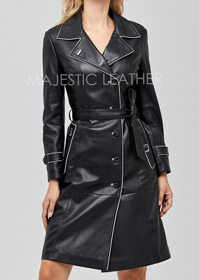 #ad Ladies Women Black Genuine Real Leather Pea Coat BNWT AU $156.99