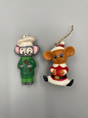 #ad 2 Vintage Mice Christmas Ornaments Green Chef Outfit amp; Santa Suit READ DETAILS $9.60