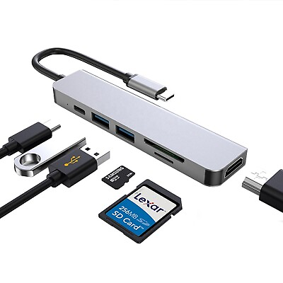 #ad 6 in 1 USB C Hub Plus amp; Play Adapter Type C Hub :HDMI 2x USB Memory Crd Reader $20.00