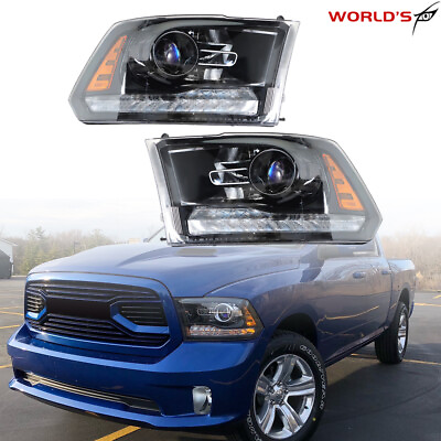 #ad Pair Headlight For 2009 18 Dodge Ram 1500 3500 Halogen w LED DRL Black Housing $153.75