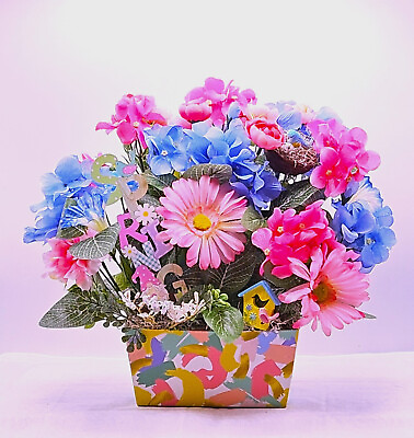 #ad Spring Flower Arrangement Pink Blue Pastel Colors quot;Springquot; Sign Cute Birds $37.99