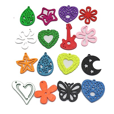 #ad 100 Assorted Bright Color Wood Cut Out Charms Wooden Pendants $3.86