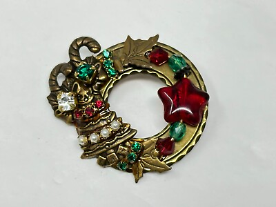 #ad Vintage Brass Rhinestone Faux Pearl Glass Bead Christmas Wreath Brooch Pin $16.00