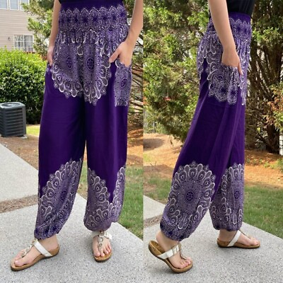 #ad Women Harem Pants Smocked High Waist Yoga Boho Trousers w Side Pockets Purple $13.99