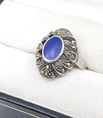 #ad Fine Vintage Sterling Silver Victorian Revival Marcasite amp; Lapis Ring Size 6.5 $36.44