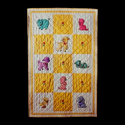 #ad Cute Animals Applique Baby Quilt Pattern 36x60 Checkered Dog Cat Lamb Pig Duck $7.25