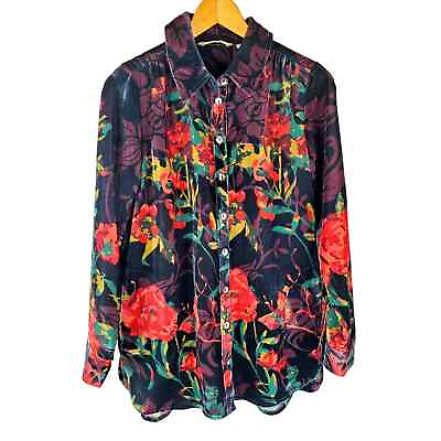 #ad Soft Surroundings Jardim Velvet Long Sleeve Button Up Shirt Black Floral Size S $25.00