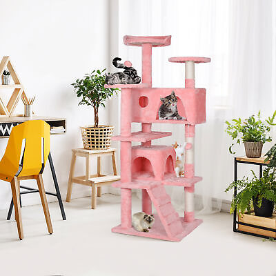 #ad Cat Tree Cat Tower 55 inches Multi Level Kitten Condo Play House Furniture Pink $34.59