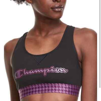 #ad Champion Sports Bra NWT Black Purple Logo Strappy Cutout Back Women’s Size Large $16.20