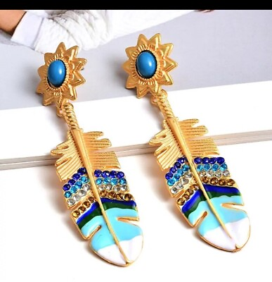 #ad Long Blue Gold Earrings Vintage Style Dangle Bold Statement Bold Rhinestone $15.50
