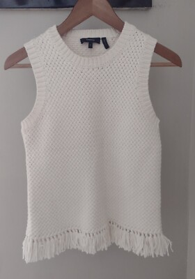 #ad Theory Knit Sleeveless Meenara Soft Chain Cotton Tassel Sweater XS Cream Classic $39.99
