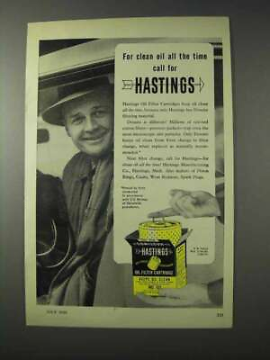 #ad 1958 Hastings Oil Filter Cartridges Ad For Clean Oil $19.99