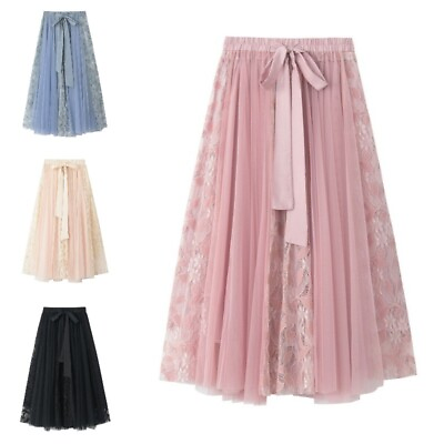 #ad Girl Midi Splicing Skirt Lace Mesh Tulle Patchwork Drawstring Waist Princess $24.77