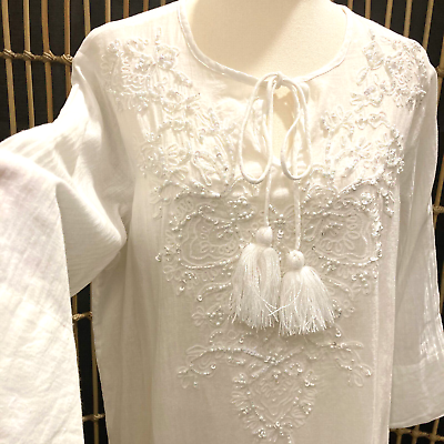 #ad White Ladies Beaded Beach Kaftan Long Maxi Summer Dress Positano Italy BNWT AU $149.00