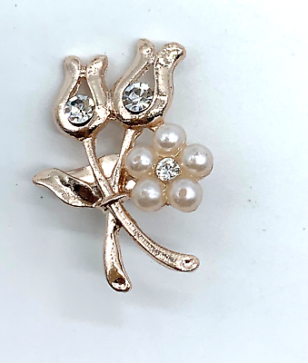 #ad Vintage Rose Gold Tone Brooch Pin Jewelry Costume Rhinestone Flowers $3.95