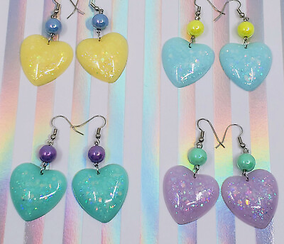 #ad Sparkling Heart Handmade Retro 80s Earrings Glitter Resin Kawaii Y2K Cute Teen $16.00