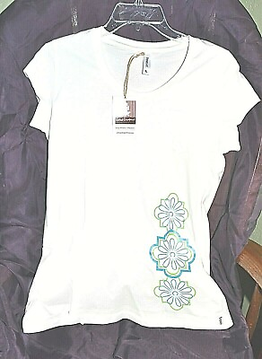 #ad Global Girlfriends White T shirt Cap Sleeve Blue Flowers 100% Cotton L NEW $16.00