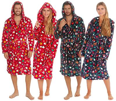 #ad Christmas Fleece Dressing Gown Adults Mens Womens Xmas Festive Hooded Bathrobe GBP 19.99