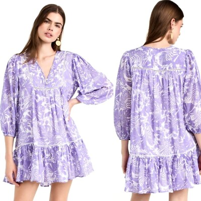 #ad Sundry Purple And White Cotton V Neck Palm Beach Ruffle Babydoll Dress Size S $35.62