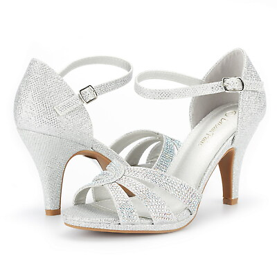 #ad Women#x27;s Ankle Strap Stolettos Low Heel Sandals Open Toe Dress Shoes Size Silver $15.99