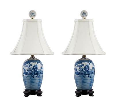 #ad Lamp Pair Blue and White Foo Dog Ginger Jar Vase Temple Jar Oriental Chinoiserie $519.82
