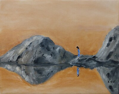 #ad Oil Painting Woman on Rocks Beach Sunset Water Lake Ocean Landscape Art A. Joli $120.00