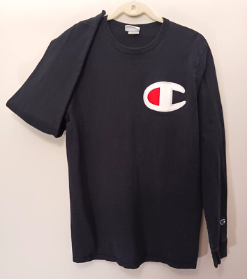 #ad #ad Champion Mens Black Heritage Long Sleeves Elevated Graphic T Shirt Size Large $17.50