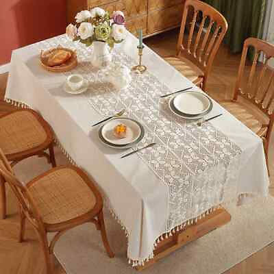 #ad Luxury Solid Color Cotton Linen Tablecloth with Lace Crochet Ideal for Parties $79.98