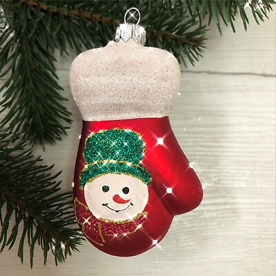 #ad Red Mitten w Snowman Christmas Glass Ornament Holiday Decor Made in Ukraine 4quot; $12.95