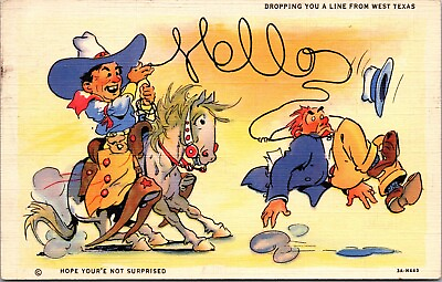 #ad Texas Postcard Frontier Humor Hello Greeting Cowboy Horse Lasso Linen A1 $5.25