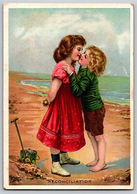 #ad L.C. Coller Coldwater MI Seybold Piano Victorian Trade Card Kids Kiss Beach $19.99