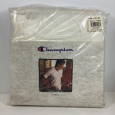 #ad Vintage 1990s Champion Basic V Neck White Tshirt 3 Pack Medium NOS NIP $37.37