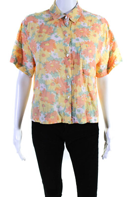 #ad Rails Womens Button Front Oversized Linen Floral Pocket Shirt Yellow Multi Small $40.81