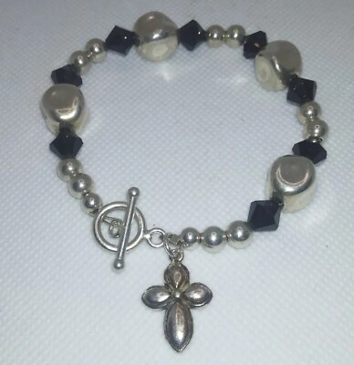 #ad Sterling Bracelet Black Glass Beads amp; Flower Cross. Toggle 925 Thai 7.5quot; 8quot; $28.00